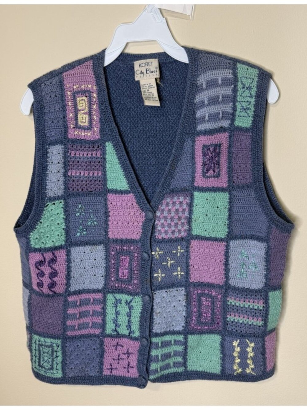 Vintage 90s Cardigan Sweater Vest Granny Square Crochet Rainbow
